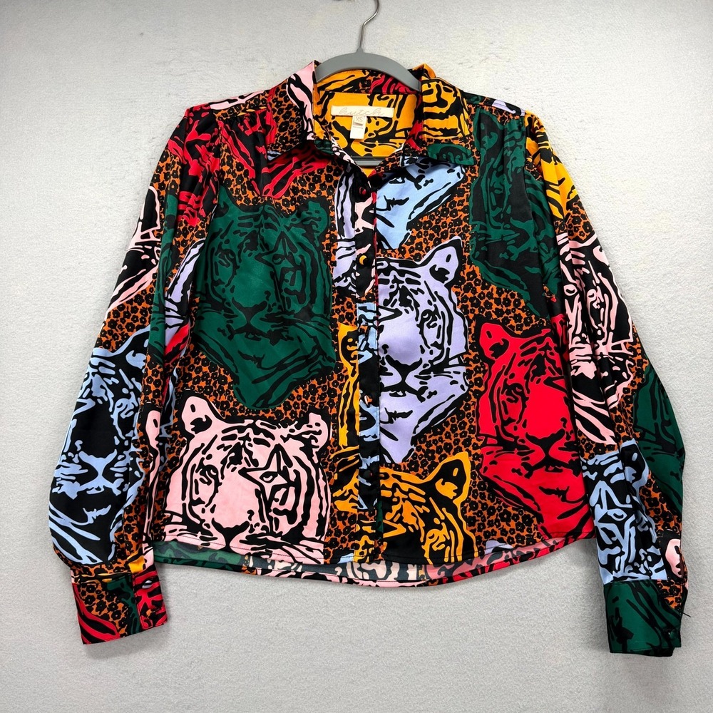 Hutch Shirt‎ Top Women's XS Multi Tiger Face Print Stretch Long Sleeve Button-Up